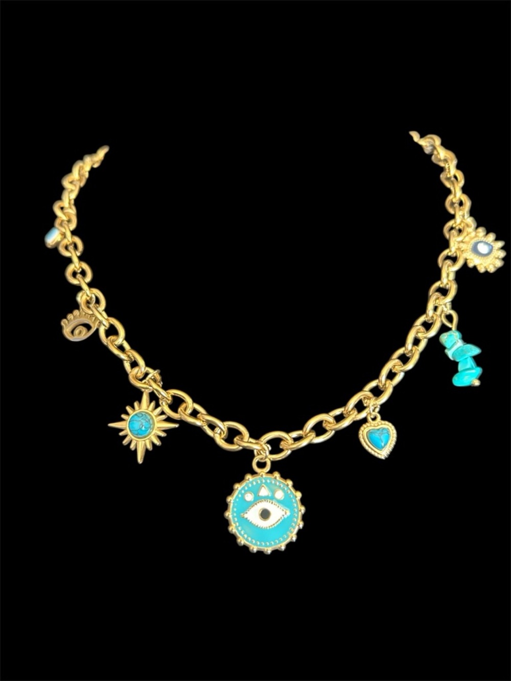 Turquoise Evil Eye and Heart Charm 18K Gold Plated Necklace